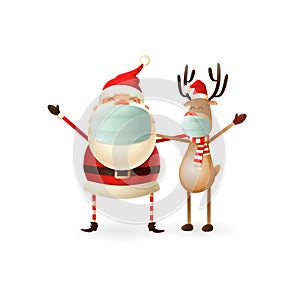 Happy cute Santa Claus and Reindeer with antivirus masks celebrate Christmas holidays - vector illustration isolated on white back