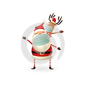 Happy cute Santa Claus and Reindeer with antivirus masks celebrate Christmas holidays - vector illustration isolated on white back