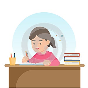 Happy cute school girl writing for homework, Study concept, Vector illustration.