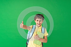 Happy cute smart boy with a school bag and a book in his hand