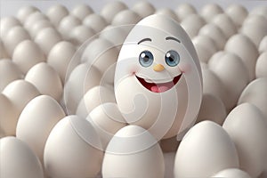 A happy cute smiling 3D render of a egg cartoon character surrounded by numerous other eggs