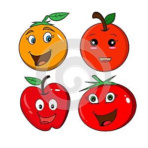 Happy cute smiling fruit face mascot vector set orange, apple, tomato character