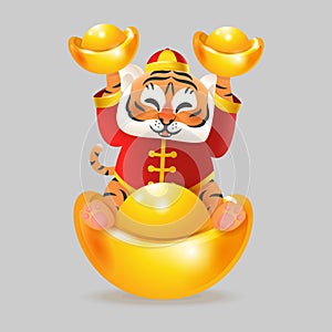 Happy cute Tiger with golden ingot and traditional Chinese costume - celebrate Chinese New Year of Tiger - vector illustration iso