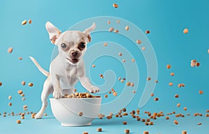 Happy cute white chiwawa puppy jumping on a bowl full of flying kibbles on a blue pastel background