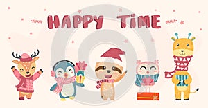 Happy cute wild animals in winter christmas costume flat vector drawing, idea for banner