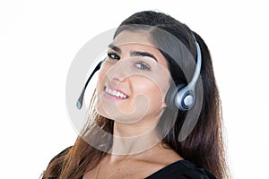 Happy cute woman in call center smiling cheerful support phone operator portrait in phone headset