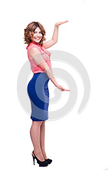 Happy cute woman holding copyspace on palms