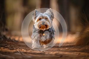 Happy Cute Yorkshire Terrier Outdoors Walking in a Park.