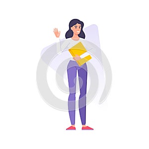 Happy cute young business woman office working carrying folder paper documents waving hand