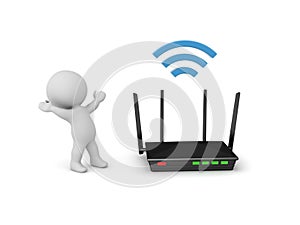 Happy 3D Character next to a router with wifi