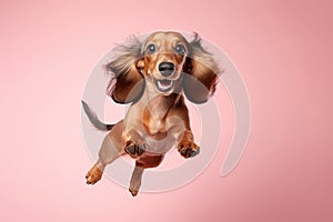 Happy Dachshund Dog In Jumping, In Flight On Pastel Pink Color Background. Generative AI