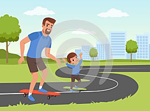 Happy Dad and His Son Skateboarding in the Park Doing Sport Activity Vector Illustration