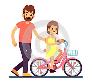 Happy dad teaching daughter cycling bike. Happy family vector concept isolated