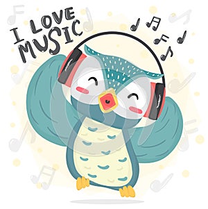 Happy dance blue owl listen music and sing song with headphone, printable flat vecter cute cartoon for kid