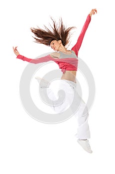Feliz bailarín una mujer saltando 