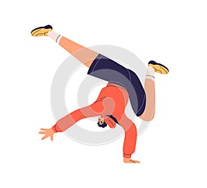 Happy dancer in freestyle break-dance movement. Young energetic active positive man upside down in action, motion to