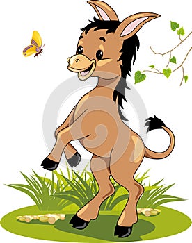 Happy dancing brown donkey with butterfly on the lawn