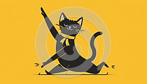 Happy dancing cat. 2d flat doodle illustration. Black and yellow color. Fitness story photo