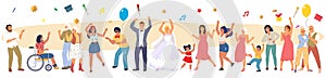 Happy dancing characters celebrating wedding vector illustration