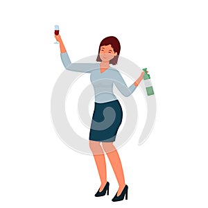 Happy dancing drunk woman in office suite with alcohol beverage and glass isolated on white background. Business women cheerful