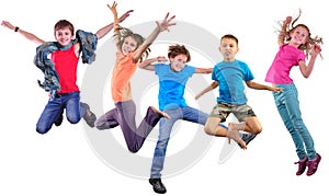 Happy dancing jumping children isolated over white background