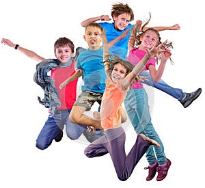 Happy dancing jumping children isolated over white background