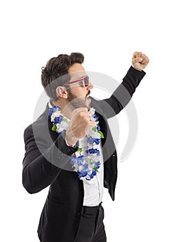 Happy dancing man. bearded person wears black jacket and white s