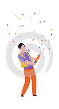 Happy dancing man with party confetti. Cartoon man blowing up cracker with colorful pieces of paper. Male character