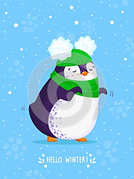 Happy dancing penguin in a green hat with buboes and scarf. Blackground with snowflakes and stars. Vector illustration photo