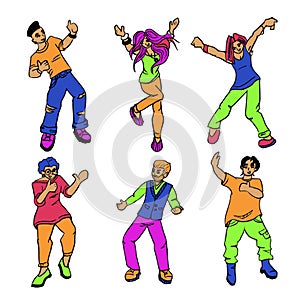 Happy dancing people. Excited student characters, happy teenagers and joyfulman and women Set of isolated vector