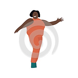 Happy dark girls are dancing. Love your body. Body positive. Attractive overweight woman. Vector illustration