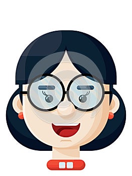 Happy Dark Hair Woman Wearing Eyeglasses Flat Vector Illustration Icon