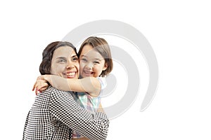 Happy daughter embraces her mother, isolated on white background