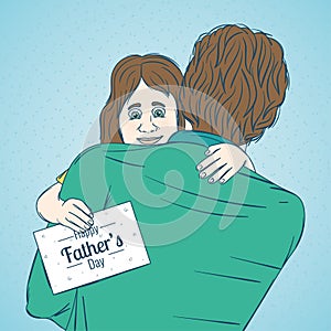 Happy daughter hugging her dad holding a card Happy fathers day Vector