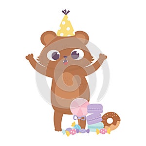 Happy day, little bear with hat candies donut biscuits and caramels