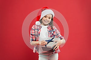 Happy day. Little girl hold gift box. Winter holidays. Merry christmas. Santa claus gift. Shopping for presents. Small