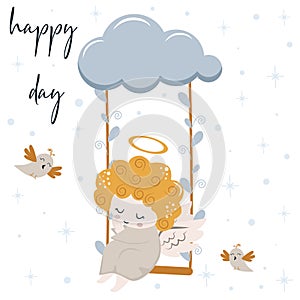 Happy day poster with angel and swing - vector illustration, eps