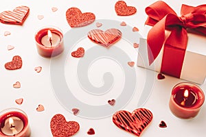 Happy days background. Red love hearts romantic gift box Valentines day candle on white table. Romantic message template with
