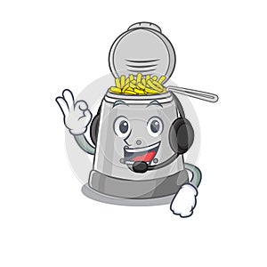 Happy deep fryer mascot design style wearing headphone