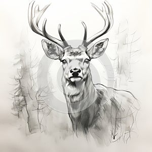 Happy Deer Portrait: Pencil Drawing In Ink Wash Style