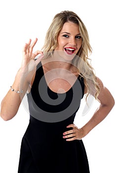 Happy Delighted Smiling Young Woman OK Sign