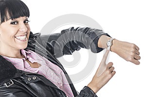 Happy Delighted Young Woman Pointing to her Watch