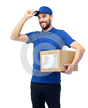 Happy delivery man with parcel box