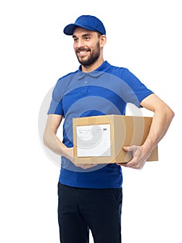 Happy delivery man with parcel box