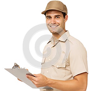 Happy Deliveryman Holding Clipboard
