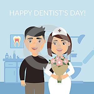 Happy Dentist`s Day. Dental clinic. Holiday greeting card medical titles.The patient thanked the dentist photo
