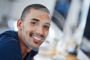 Happy, desk and portrait of business man for startup career, job and working in office. Professional workplace, creative