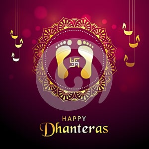 Happy Dhanteras / Diwali Festival Greeting with decorative elements, oil lamps and symbolic footprints of Goddess Maha Laxmi.