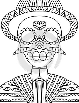 Happy Dia de Muertos skeleton in a suit with hat and mustache linear vector illustration