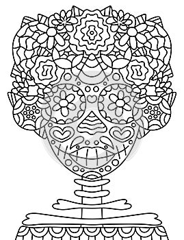 Happy Dia de Muertos woman skeleton with flower wreath coloring page vector illustration